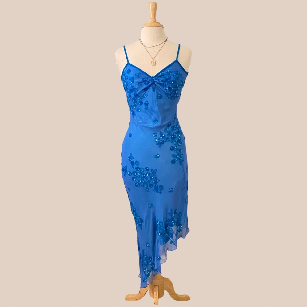 Vintage 90s Y2K Scala Silk Beaded Slip Dress Blue Trendy Aqua Prom Sexy Classy